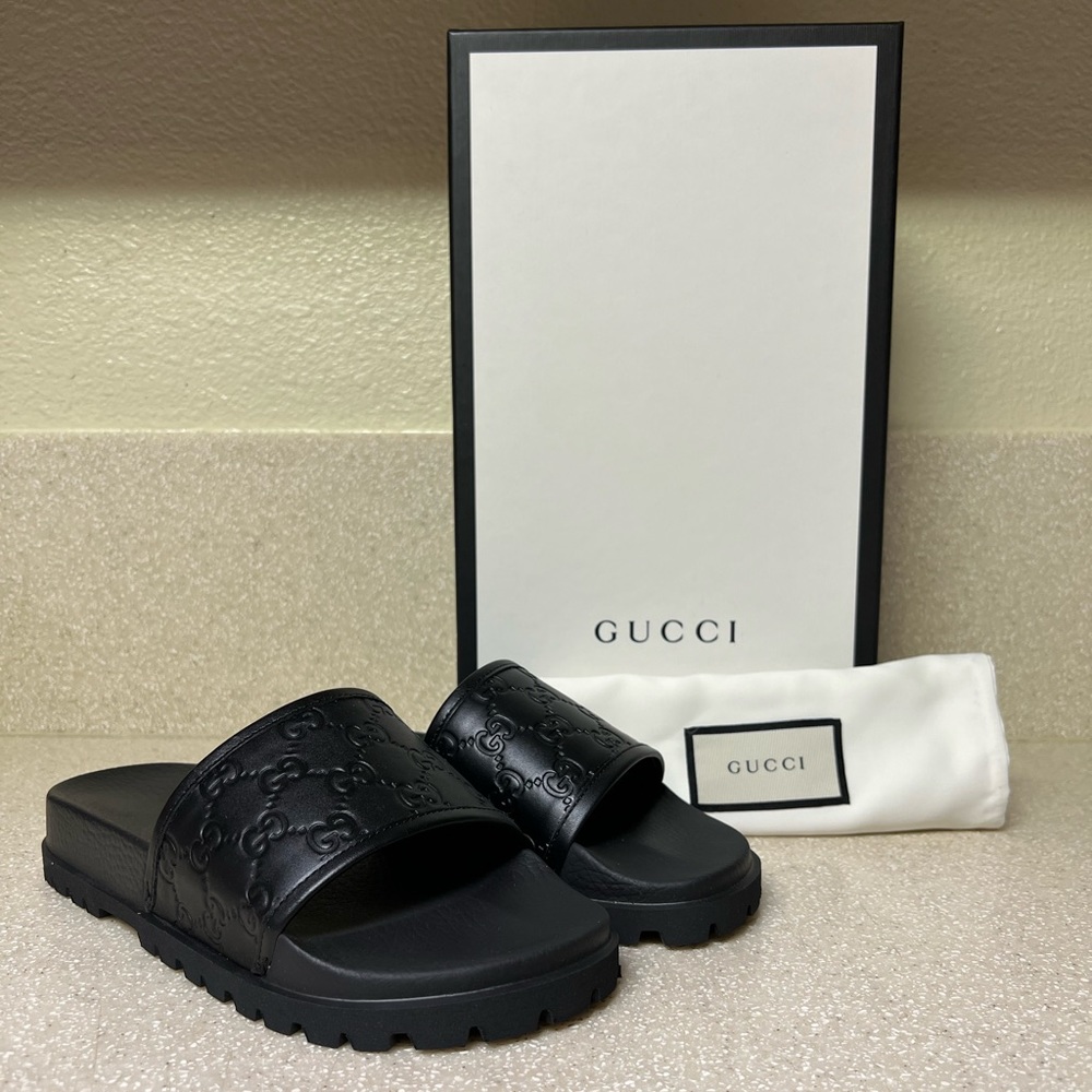 Gucci Guccissima Monogram Lug Sole Slide Sandal Black 6G / 7US - Picture 1 of 8